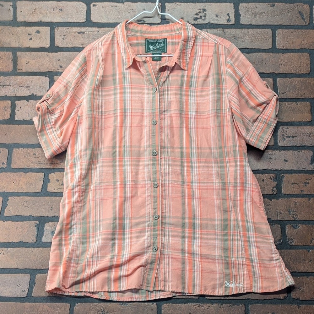 Woolrich‎ Salmon Olive Plaid Roll Tab Short Sleeve Button Up Shirt Women's XL